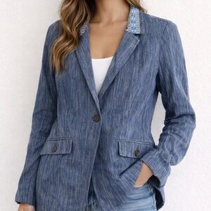 Anthropologie x Cartonnier Blue Linen Blend Blazer Jacket 2